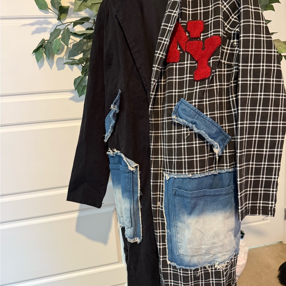 Fashion Nova Black and White Trench Coat with Red and Blue Accents